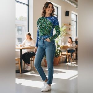 ZARA Draped Mixed Floral Print Ruched Mesh Top Teal
Blue Green